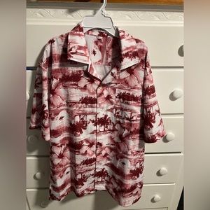 Eletop Hawaiian Men's Shirt Red Floral Print Short Sleeve Button Up Size Large.